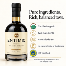 Entimio balsamic vinegar benefits with USDA Organic and IGP certification seals