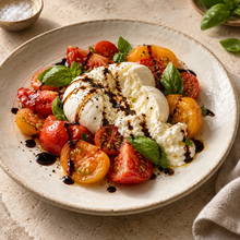 Serving inspiration: burrata, tomatoes, and basil finished with a balsamic drizzle