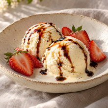 Serving inspiration: vanilla gelato and strawberries finished with a balsamic drizzle