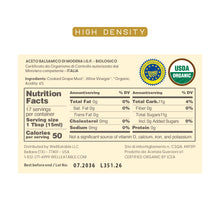 Entimio balsamic vinegar back label showing organic ingredients, certifications, and nutrition facts