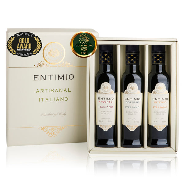 Entimio Collection Gift-Box | 2024-25 Harvest Organic Extra Virgin Olive Oil Set, Early Harvest from Italy | 25.5 (3 x 8.5) fl oz