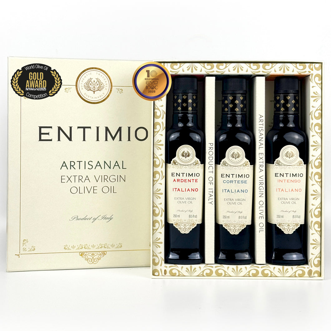 Entimio Collection Gift-Box | 2024-25 Harvest Organic Extra Virgin Olive Oil Set, Early Harvest from Italy | 25.5 (3 x 8.5) fl oz