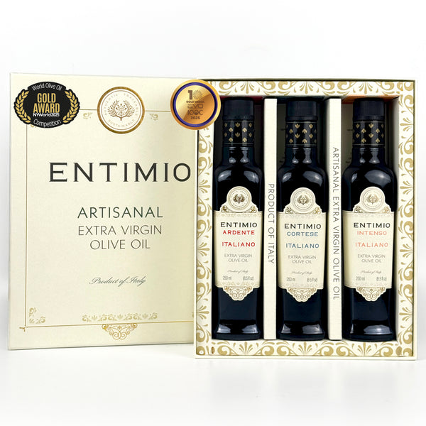 Entimio Collection Gift-Box | 2024-25 Harvest Organic Extra Virgin Olive Oil Set, Early Harvest from Italy | 25.5 (3 x 8.5) fl oz