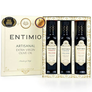 Entimio Collection Gift-Box | 2024-25 Harvest Organic Extra Virgin Olive Oil Set, Early Harvest from Italy | 25.5 (3 x 8.5) fl oz