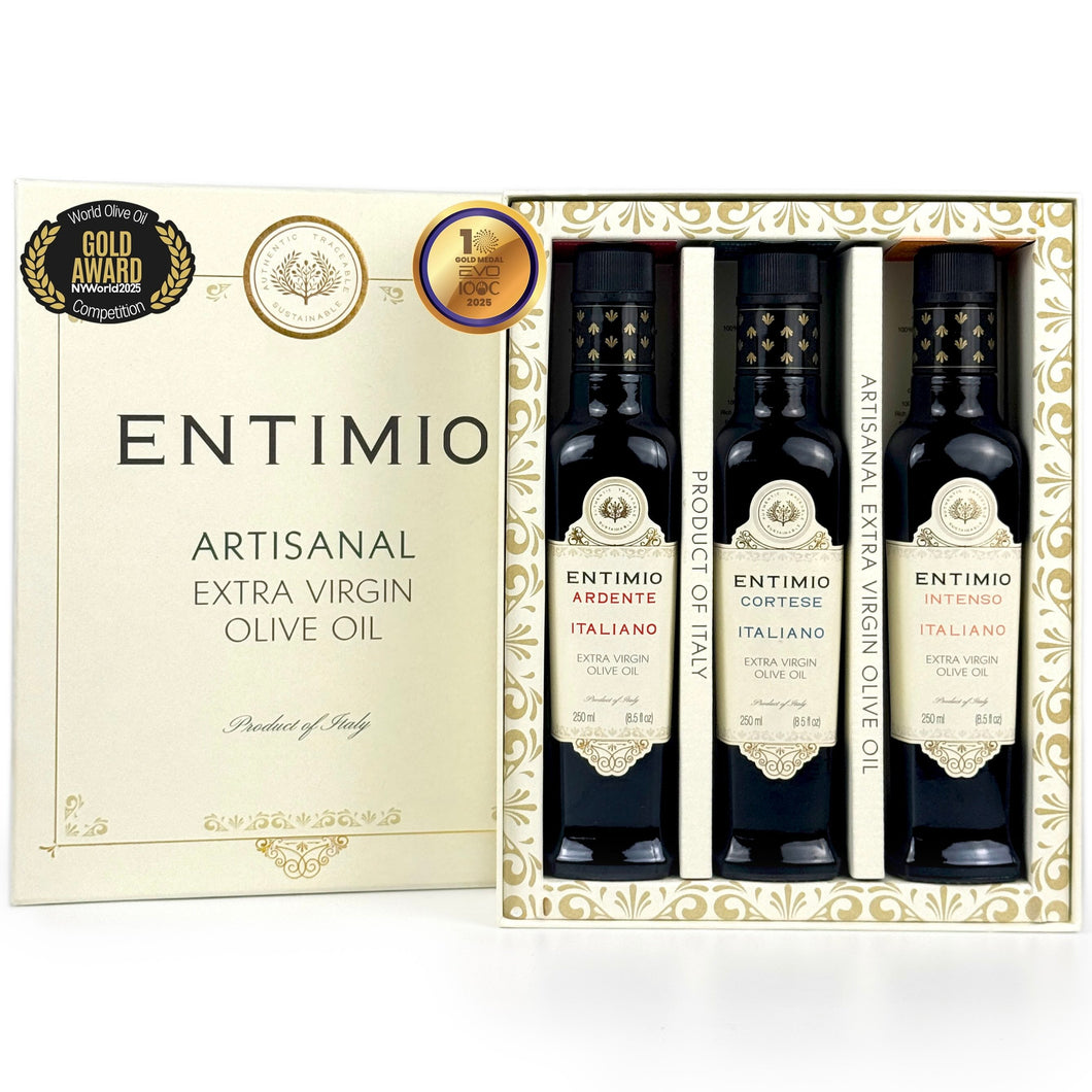 Entimio Collection Gift-Box | 2024-25 Harvest Organic Extra Virgin Olive Oil Set, Early Harvest from Italy | 25.5 (3 x 8.5) fl oz