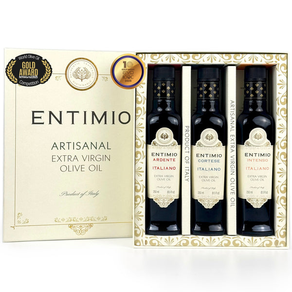 Entimio Collection Gift-Box | 2024-25 Harvest Organic Extra Virgin Olive Oil Set, Early Harvest from Italy | 25.5 (3 x 8.5) fl oz