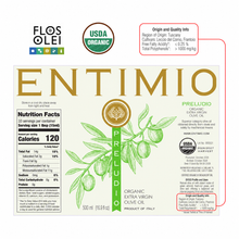Preludio label with Leccio del Corno and Frantoio cultivars
